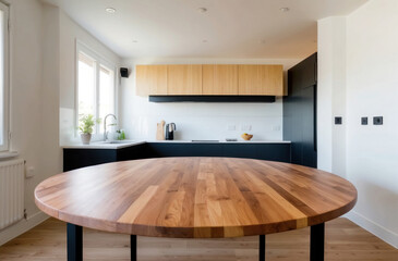 Close-up: wood tabletop in kitchen. Bright, clean interior. Counter space.