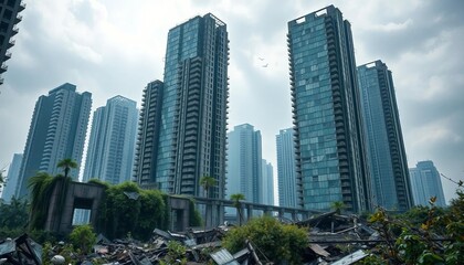 Obraz premium Crumbling skyscrapers, shattered glass, overgrown ruins in grey light, destroyed, picture