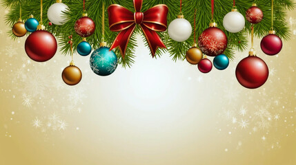 Festive Christmas background featuring shiny Christmas bulbs and a decorative bow, arranged elegantly on a vibrant seasonal backdrop. Includes glowing lights, sparkling accents, and rich holiday color