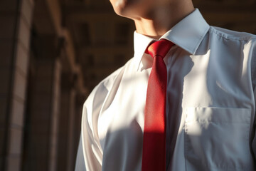 White shirt, red tie. Casual business style. Professional, simple and classic look.