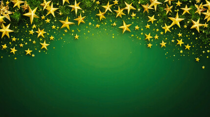 Elegant Christmas background featuring shiny gold stars falling gracefully over a rich green backdrop. Festive and luxurious vector design perfect for holiday greetings, Christmas cards