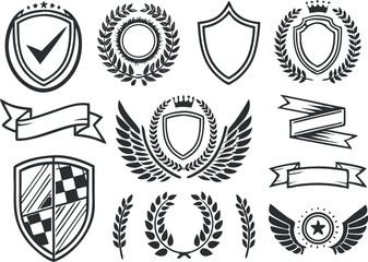 Collection of Black and White Vector Graphic Design Elements Featuring Shields Laurels Wings Ribbons and Checkmarks