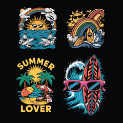 Obraz premium Sunny surfing and beach scenes rainbow palm trees