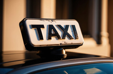 Taxi sign detail. Close-up with bokeh. Urban transport, city and travel image.