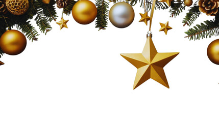 A shiny gold star ornament spinning above traditional Christmas decorations, including red baubles, pine branches, ribbons, and sparkling tinsel. Set against a clean white background