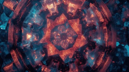 Pattern of abstract kaleidoscope mandala with glowing orange and teal geometric shapes, symmetrical design for digital art, meditation background, vibrant colors, futuristic and mystical atmosphere