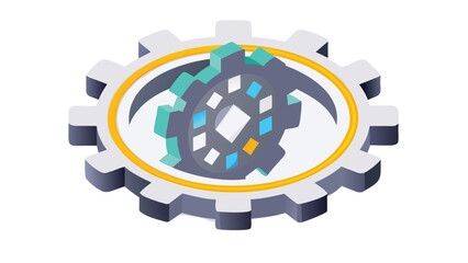 Illustration of two gears interlocked with a gold ring around the smaller gear inside the larger gear