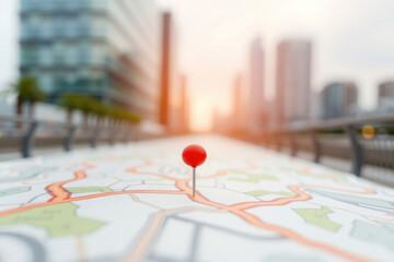 Road to modern city, map pin. Close up view.