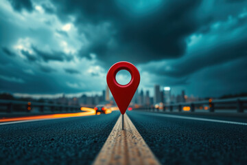 Road to modern city, map pin. Close up view.