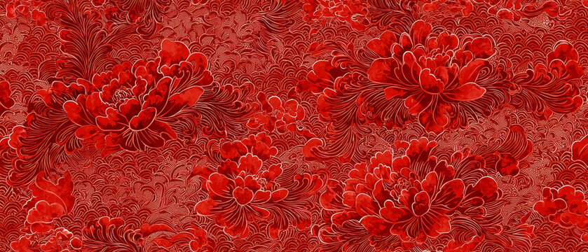 Crimson Floral Tapestry: Intricate Peonies and swirling patterns