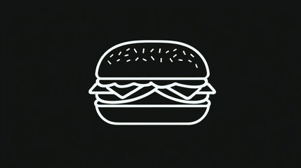 Minimal hamburger icon in linear outline style. Features bun, patty, lettuce, and cheese in a clean fast food symbol. Rendered in black line art on a black background with subtle lighting, glow
