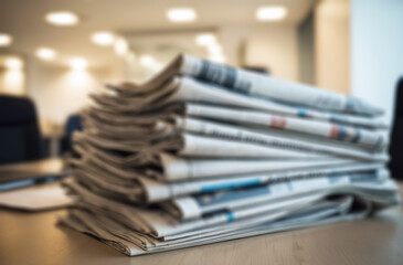 Newspapers pile, office table. Short depth of field. Focus on the paper.