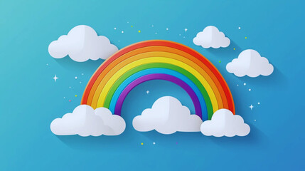 A colorful rainbow with soft white fluffy clouds icon, isolated on a clean background. Created in a smooth, modern flat vector illustration style. This cheerful and minimal design is perfect 