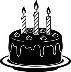 Black and White Vector Graphic of a Round Birthday Cake with Three Striped Candles Icing and Dripping Frosting on a Plate