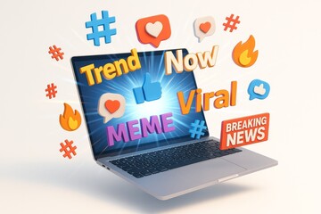 A laptop displays floating icons representing social media trends, hashtags, likes, and viral content. Digital marketing