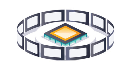Centralized processor surrounded by a ring of screens in an isometric design style vector