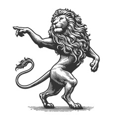 Naklejka premium Dancing lion standing on hind legs and pointing with a confident, commanding gesture sketch engraving generative ai raster illustration. Scratch board imitation. Black and white image.