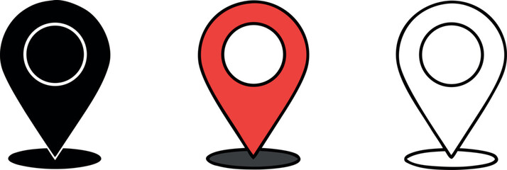 Three Simple Flat Design Location Marker Icons in a Row Black Red and White Map Pin Symbols