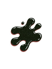 Glossy black fluid splash in abstract starburst shape on white background, resembling oil or ink with high surface tension. Concept of energy, material science or artistic minimalism