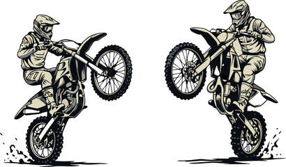 Two Beige Motocross Riders Executing Wheelies on Their Motorcycles Detailed Vector Style Illustrations Against White