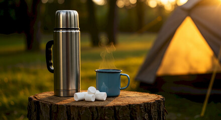 Stainless steel thermos with blue mug and marshmallows at campsite  