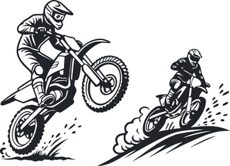 Two Black and White Motocross Riders Dirt Bikes Action Scenes Extreme Sports Graphic Design Elements Monochrome
