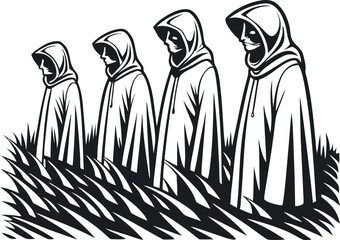 Five Hooded Figures Standing in Tall Grass Black and White Monochrome Graphic Art Mysterious Figures in Robes