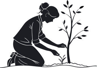 Black and White Minimalist Vector Graphic Silhouette of Woman Kneeling Planting a Small Tree Sapling