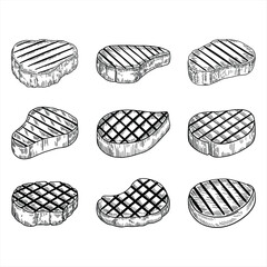 Collection of grilled steak cuts in a hand drawn silhouette style
