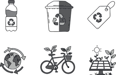 Six Monochrome Vector Icons Illustrating Recycling Plastic Bottle Trash Can Tag Global Recycling Bicycle with Plants