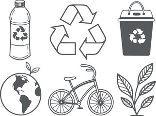 Six Monochrome Vector Icons Illustrating Environmental Sustainability Concepts Featuring Recycling Symbol Plastic