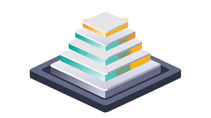 Isometric layered pyramid with white and colored levels on a dark gray base structure view