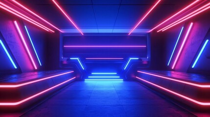 A mesmerizing futuristic room enhanced by vibrant blue and pink neon lights.