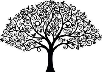 Black and White Stylized Tree Illustration Swirling Branches Birds Leaves Detailed Silhouette Graphic Design Element