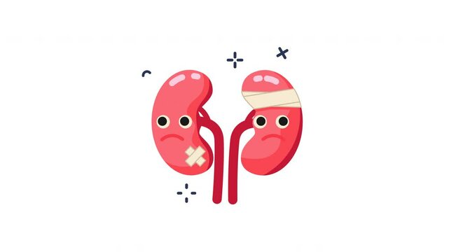 Animation two injured cartoon kidneys desperately need urgent medical care.
