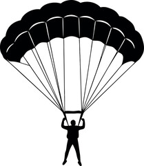 Black and White Vector Silhouette of a Skydiver Under a Round Parachute Canopy During Descent