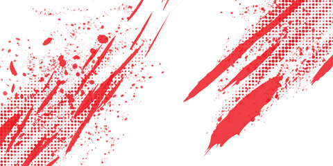 Abstract Red Halftone Paint Splatter with Grunge Texture and Diagonal Streaks.