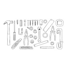Assorted Tools and Hardware Line Drawing