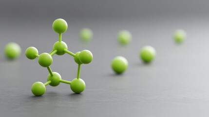 Driving Business Modernization Through Digital Transformation, 3D model of green molecular structures with blurred background, representing chemistry and science.