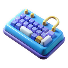 Stylized 3d render of a compact keyboard with purple and blue keys isolated on transparent background
