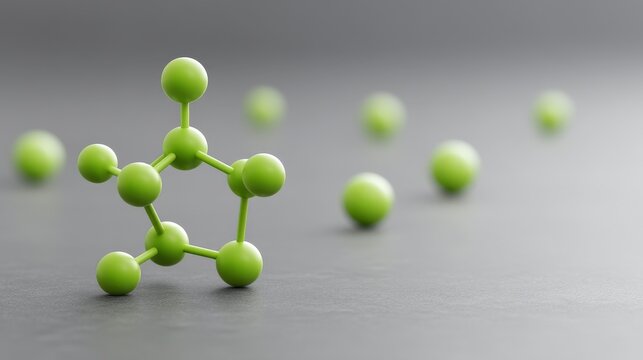 Driving Business Modernization Through Digital Transformation, 3D model of green molecular structures with blurred background, representing chemistry and science.