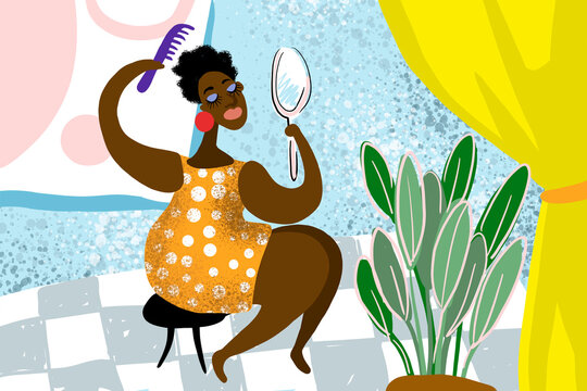 Illustration of a woman styling her hair with a comb and mirror in a colorful interior