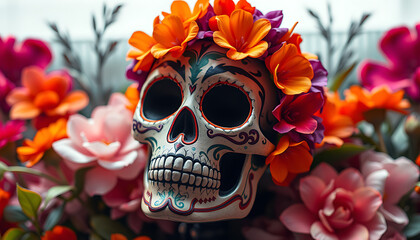 Festive Sugar Skull Adorned with Vibrant Flowers A Celebration of Life and Remembrance with Colorful Floral Accents