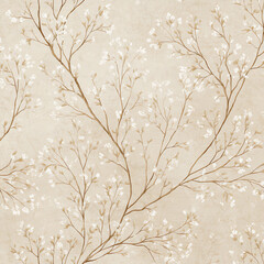 A tree with white flowers is shown on a tan background