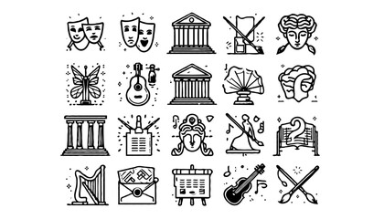 A set of 24 minimalist line art icons representing culture, creativity, and fine arts. Each icon is drawn with clean, thin black outlines and uniform stroke width on a light background