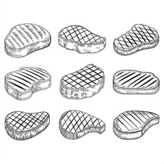 Collection of nine grilled steak silhouettes with crosshatch texture