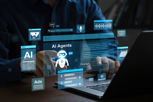 AI Agents and Assistants. Man using a laptop with futuristic software for generating images and managing content to achieve their goals, uses AI to work on data collection, analysis, and decision.