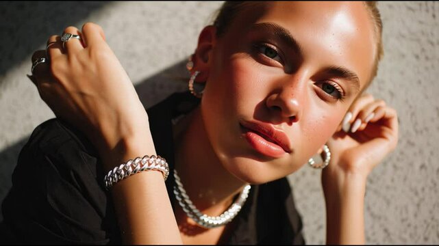 Model showcases elegant jewelry while posing in natural light for a stylish photo shoot