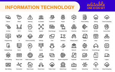Information technology icons set. Set of It technology icons. Industry concept factory of the future. Technology progress. Big UI icon set in a flat design. Thin outline icons