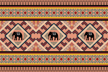 Seamless Ethnic Pixel Art Pattern with Decorative Elephants, Geometric Diamond Motifs, and Ornamental Borders in Traditional Folk Style, Cultural Textile Design for Fabric, Wallpaper, and Crafts
